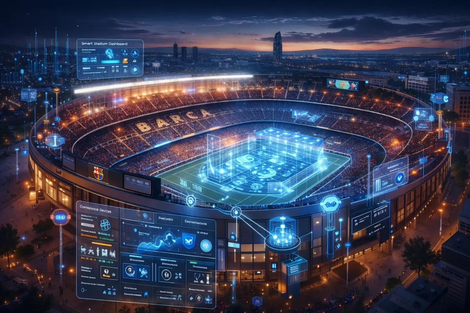 Ilustración de un estadio con capas de datos superpuestas