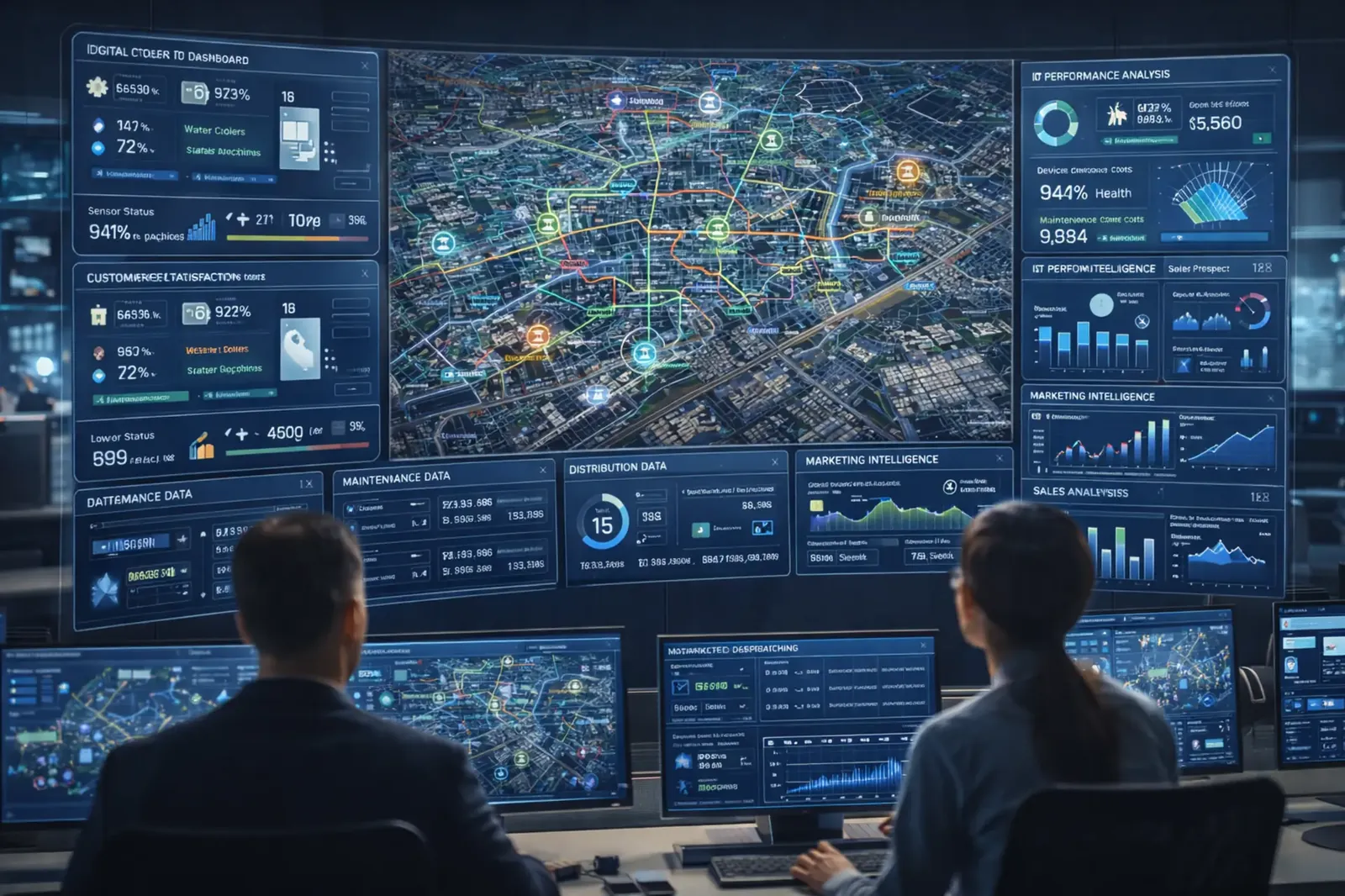 Sala de control con paneles de datos de una fábrica