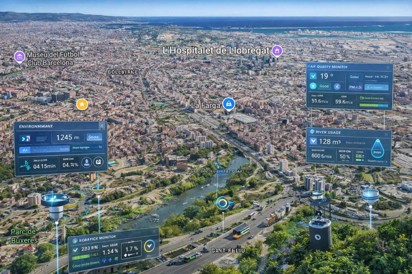 Vista aérea de L'Hospitalet de Llobregat con datos urbanos superpuestos